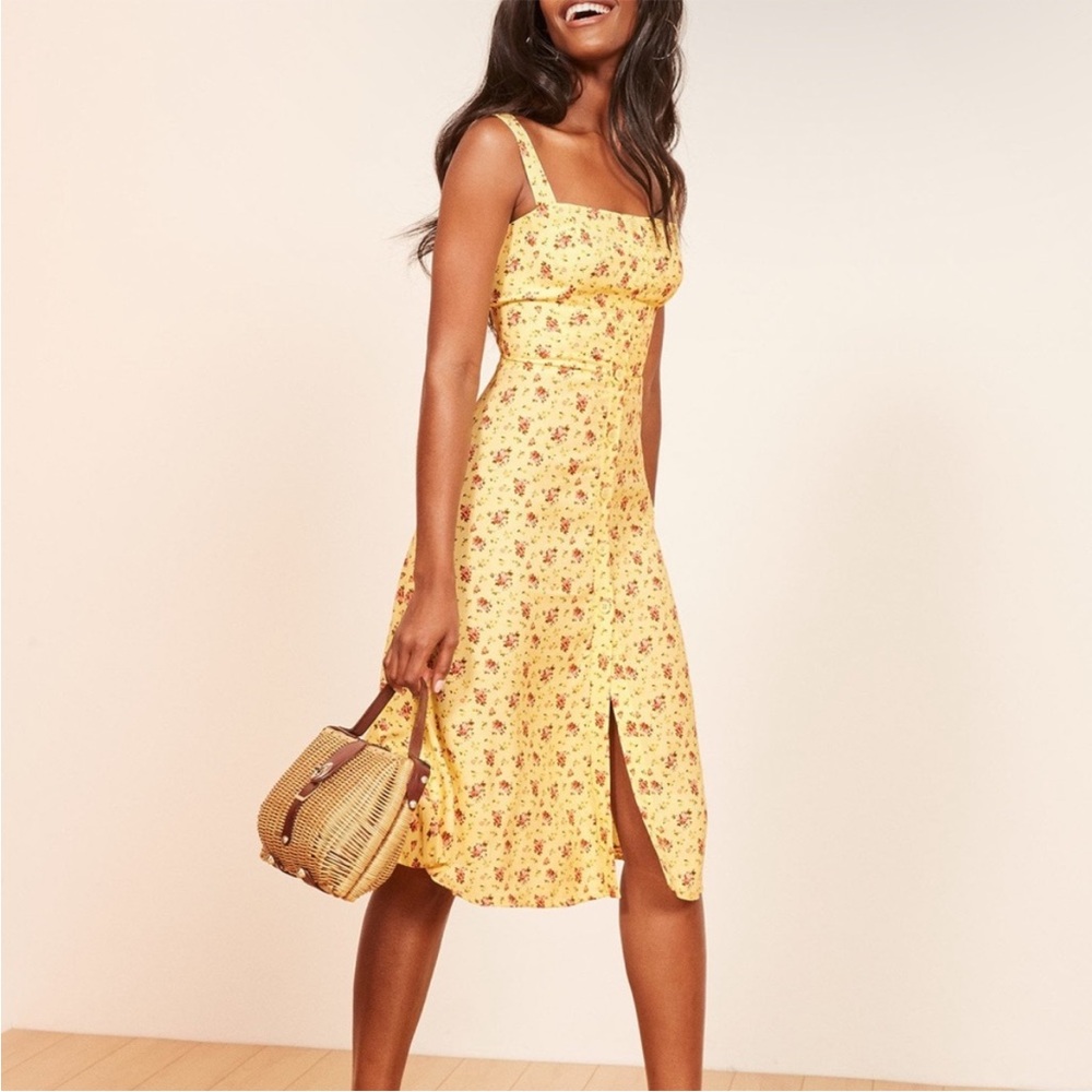 Reformation Persimmon Yellow Floral Button Down Midi Dress
